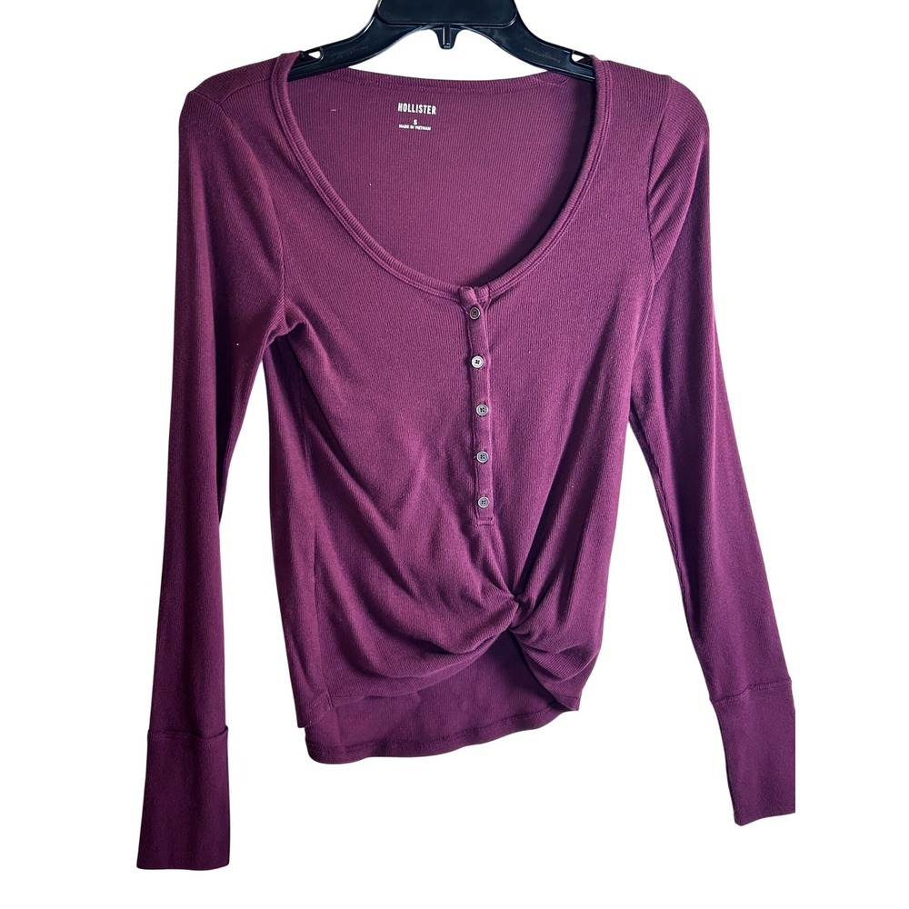 Hollister Henley Top Small Burgundy Ribbed Front Knot Long Sleeve Women